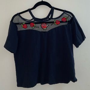 Black size M blouse with rose embroider neck line